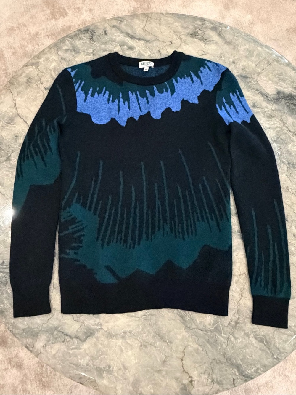 Kenzo Women’s Crewneck Wool Sweater with Blue and Green Graphic M
